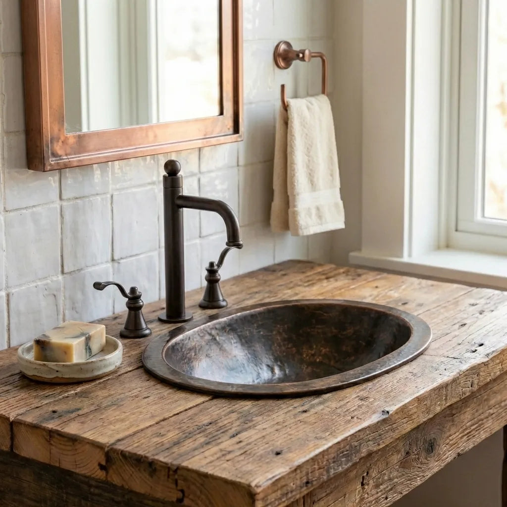 Oil Rubbed Bronze Oval Copper Sink – Hand-Hammered Drop-In Bathroom Basin