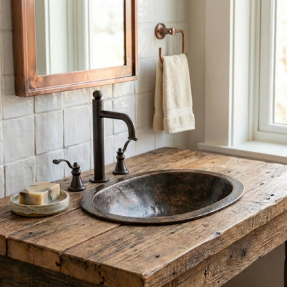 Oil Rubbed Bronze Oval Copper Sink – Hand-Hammered Drop-In Bathroom Basin