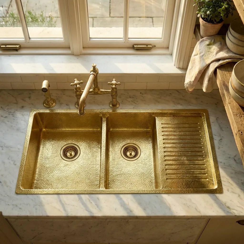 Drop-In Double Bowl Brass Kitchen Sink With Drainboard-Vexa