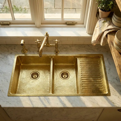 Drop-In Double Bowl Brass Kitchen Sink With Drainboard-Vexa