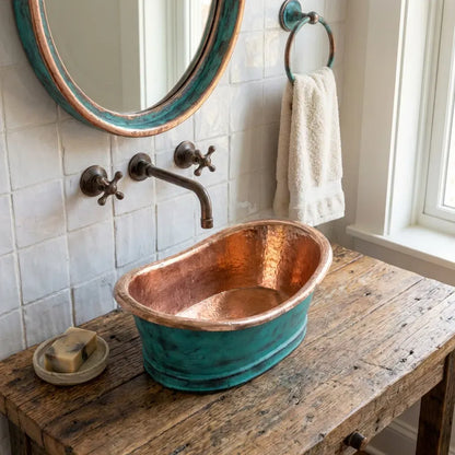 Oxidized Copper Tub Sink – Handmade Green Patina Bathroom Vessel