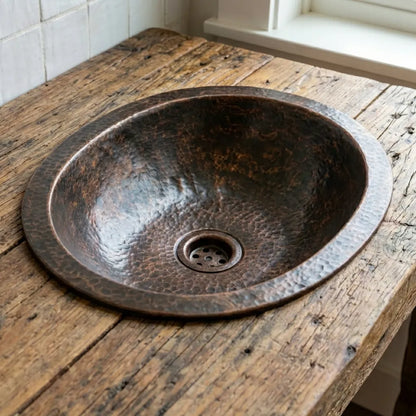 Oil Rubbed Bronze Oval Copper Sink – Hand-Hammered Drop-In Bathroom Basin