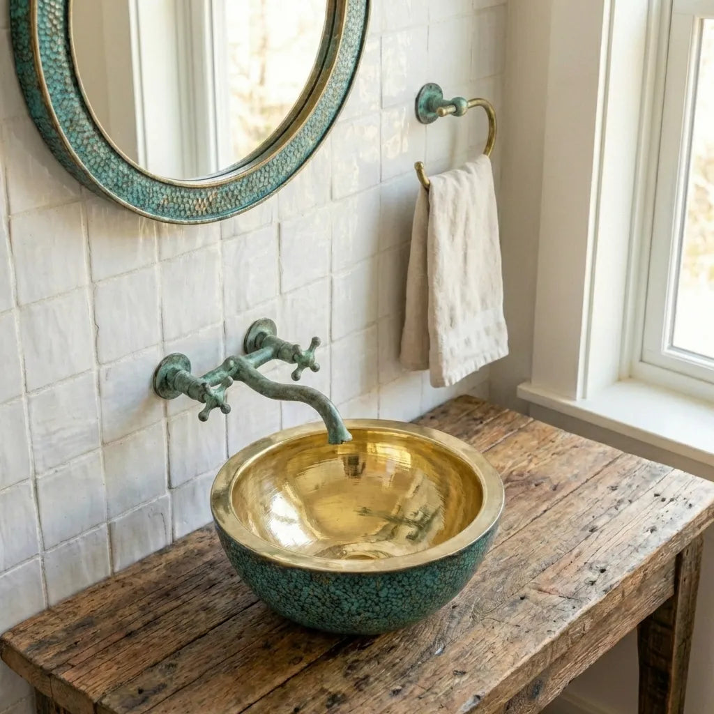 Round Hammered Verdigris Brass Washbasin with Wall-Mount Faucet