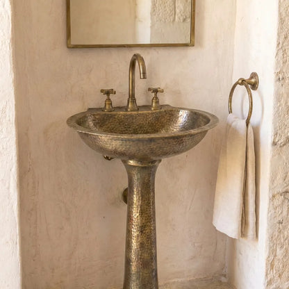 Handcrafted Hammered Brass Pedestal Sink – Vintage Unlacquered Bathroom Basin