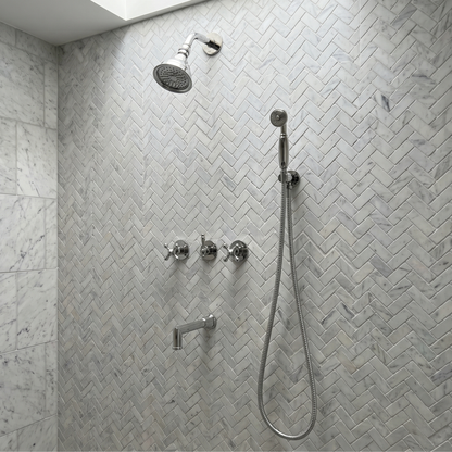 Polished Nickel Adjustable Round Rain Shower System with Handheld & Tub Filler — Short arm (PNCSS-021)