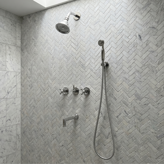 Polished Nickel Adjustable Round Rain Shower System with Handheld & Tub Filler — Short arm (PNCSS-021)