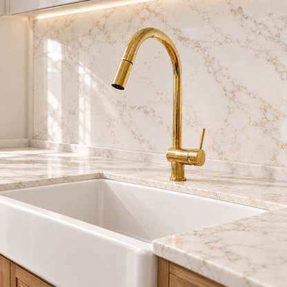 SOLID UNLACQUERED BRASS PULL DOWN KITCHEN FAUCET, SINGLE HOLE BRASS KITCHEN TAP