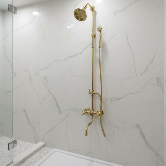 Handmade Unlacquered Brass Shower System | Moroccan Wall Mounted Rain & Hand Shower by Brasska