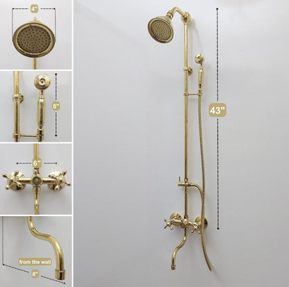 Handmade Unlacquered Brass Shower System | Moroccan Wall Mounted Rain & Hand Shower by Brasska