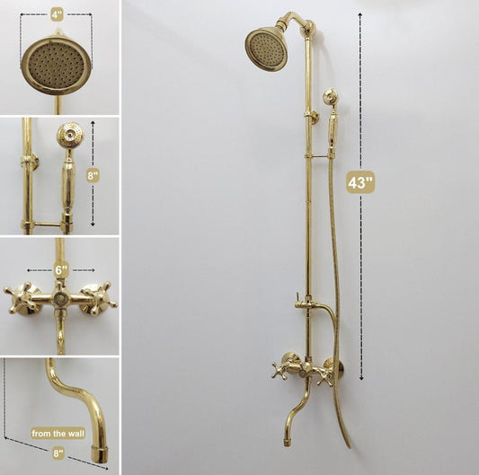 Handmade Unlacquered Brass Shower System | Moroccan Wall Mounted Rain & Hand Shower by Brasska
