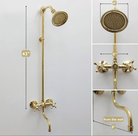 Solid Brass Shower Faucet | Handmade Unlacquered Brass Wall Mount Shower System | Vintage Style by Brasska