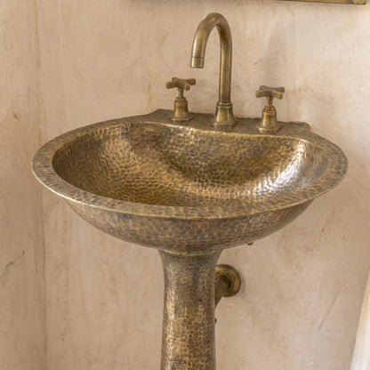 Handcrafted Hammered Brass Pedestal Sink – Vintage Unlacquered Bathroom Basin