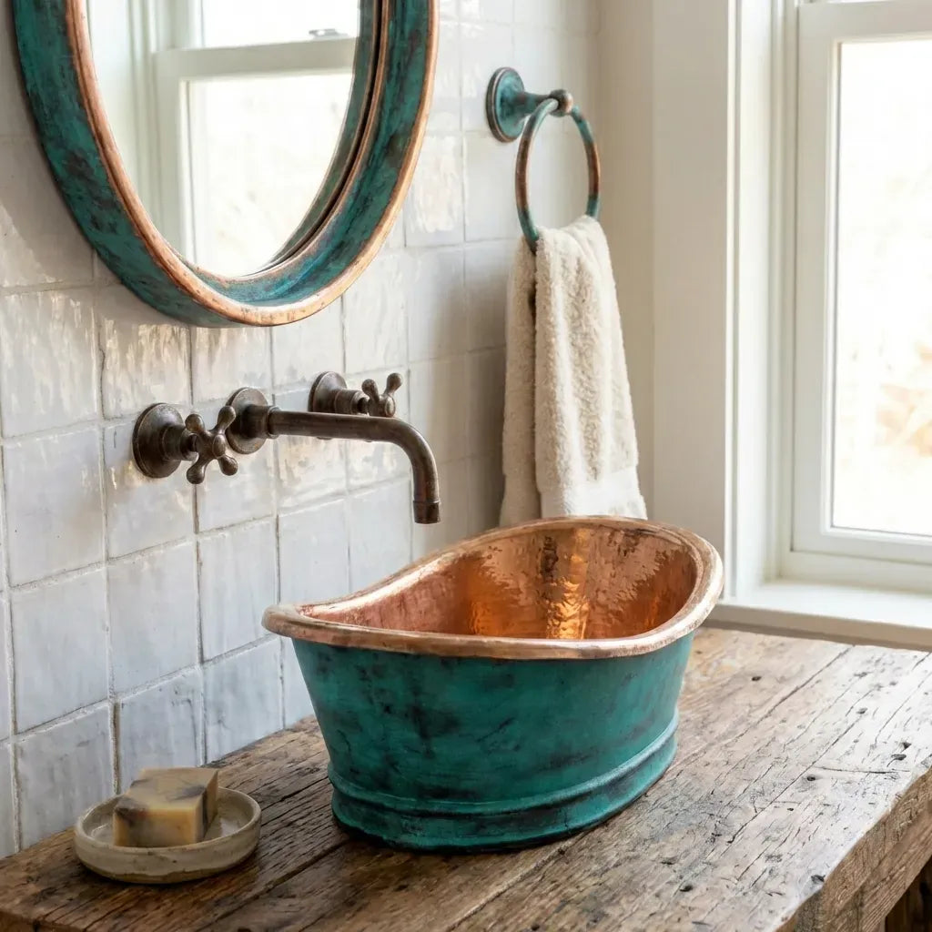Oxidized Copper Tub Sink – Handmade Green Patina Bathroom Vessel