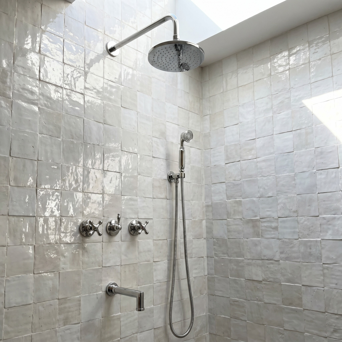 Polished Nickel Adjustable Flat Round Rain Shower System with Handheld & Tub Filler — Straight arm (PNCSS-019)