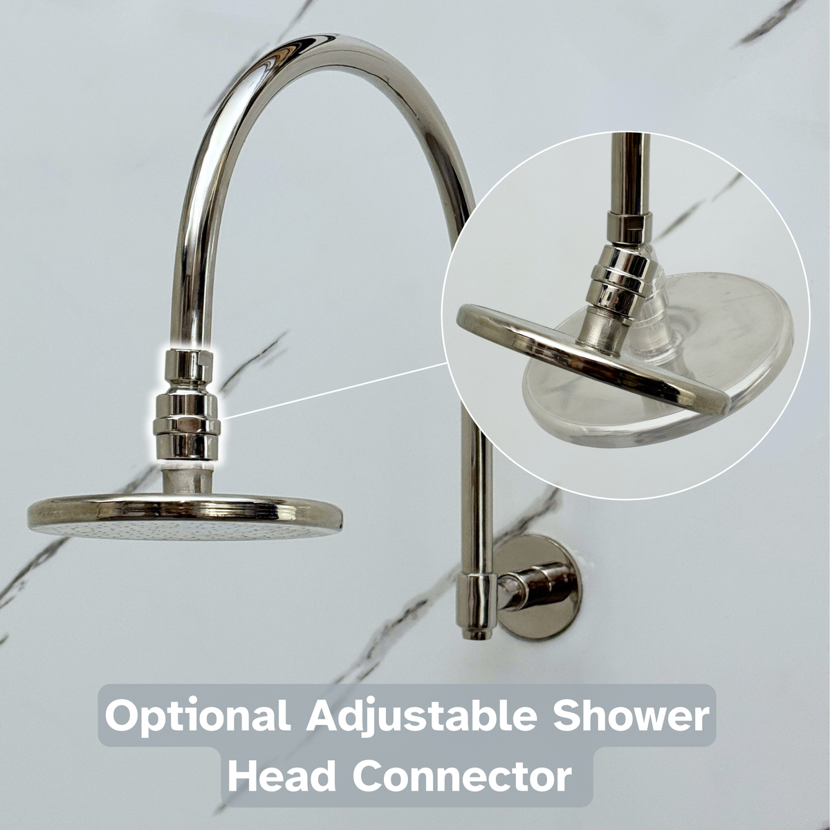 Polished Nickel Flat Rain Shower Head with Arcuate Arm, Adjustable Nickel Shower Head