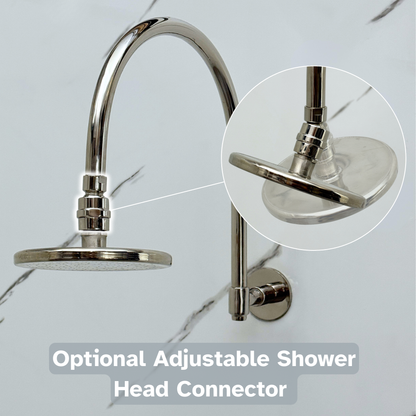 Polished Nickel Flat Rain Shower Head with Arcuate Arm, Adjustable Nickel Shower Head