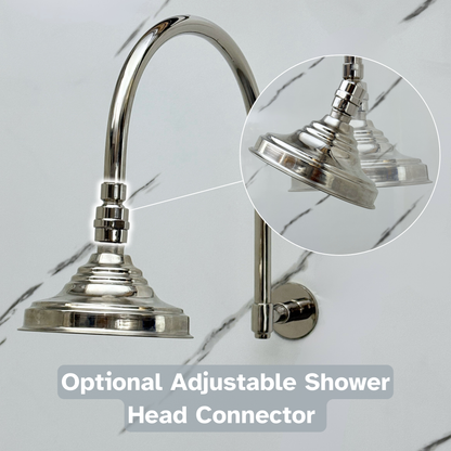 Polished Nickel Rain Shower Head with Arcuate Arm, Adjustable Nickel Shower Head