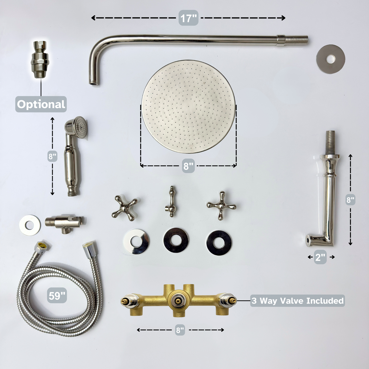 Polished Nickel Adjustable Flat Round Rain Shower System with Handheld & Tub Filler — Straight arm (PNCSS-019)