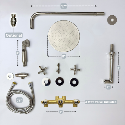Polished Nickel Adjustable Flat Round Rain Shower System with Handheld & Tub Filler — Straight arm (PNCSS-019)