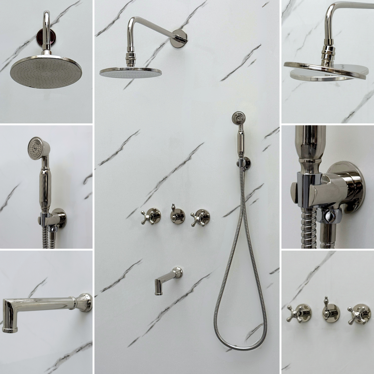 Polished Nickel Adjustable Flat Round Rain Shower System with Handheld & Tub Filler — Straight arm (PNCSS-019)