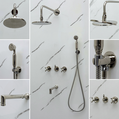 Polished Nickel Adjustable Flat Round Rain Shower System with Handheld & Tub Filler — Straight arm (PNCSS-019)