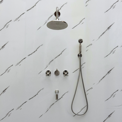 Polished Nickel Adjustable Flat Round Rain Shower System with Handheld & Tub Filler — Straight arm (PNCSS-019)