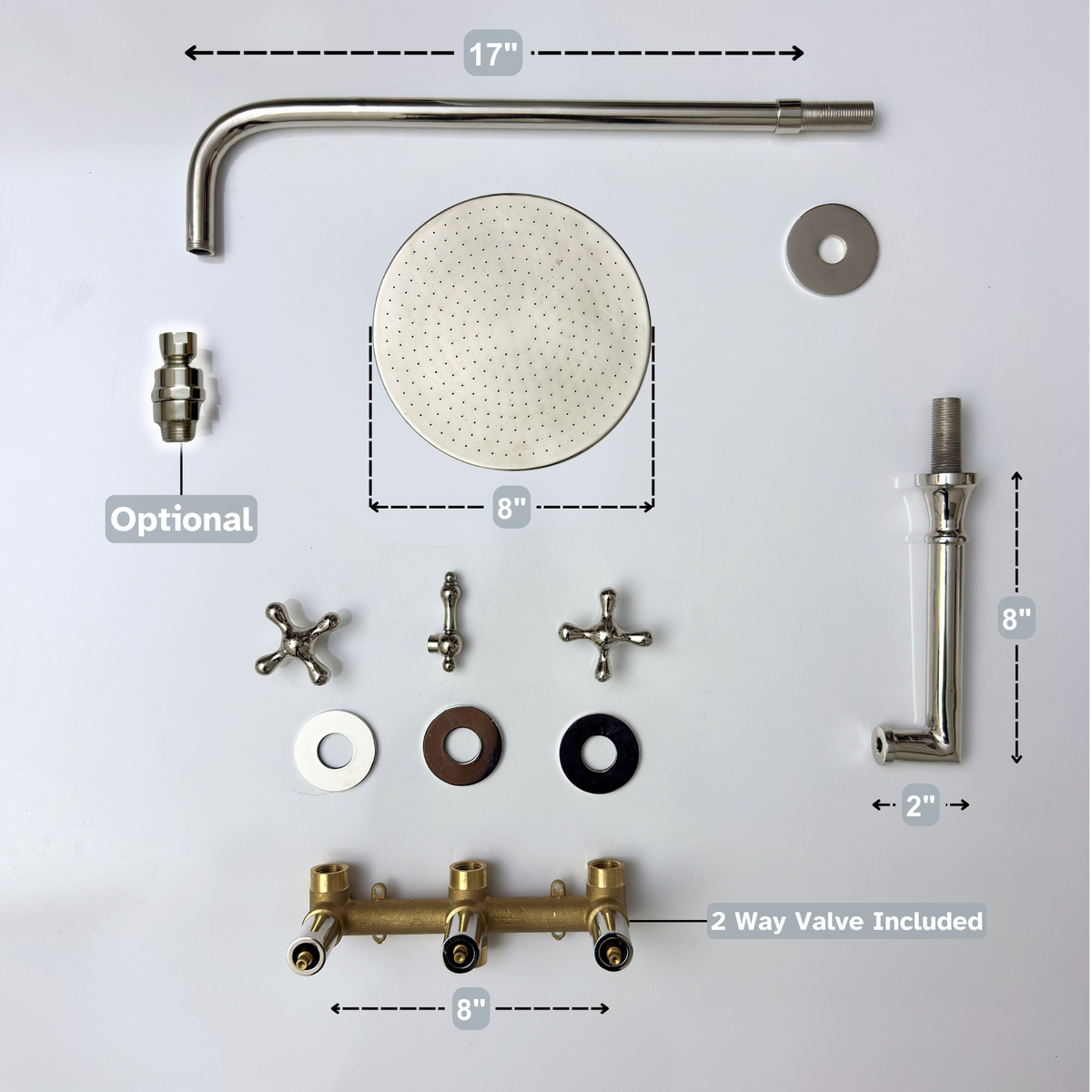 Polished Nickel Adjustable Flat Round Rain Shower System with Tub Filler — Straight arm (PNCSS-018)