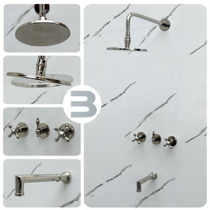 Polished Nickel Adjustable Flat Round Rain Shower System with Tub Filler — Straight arm (PNCSS-018)
