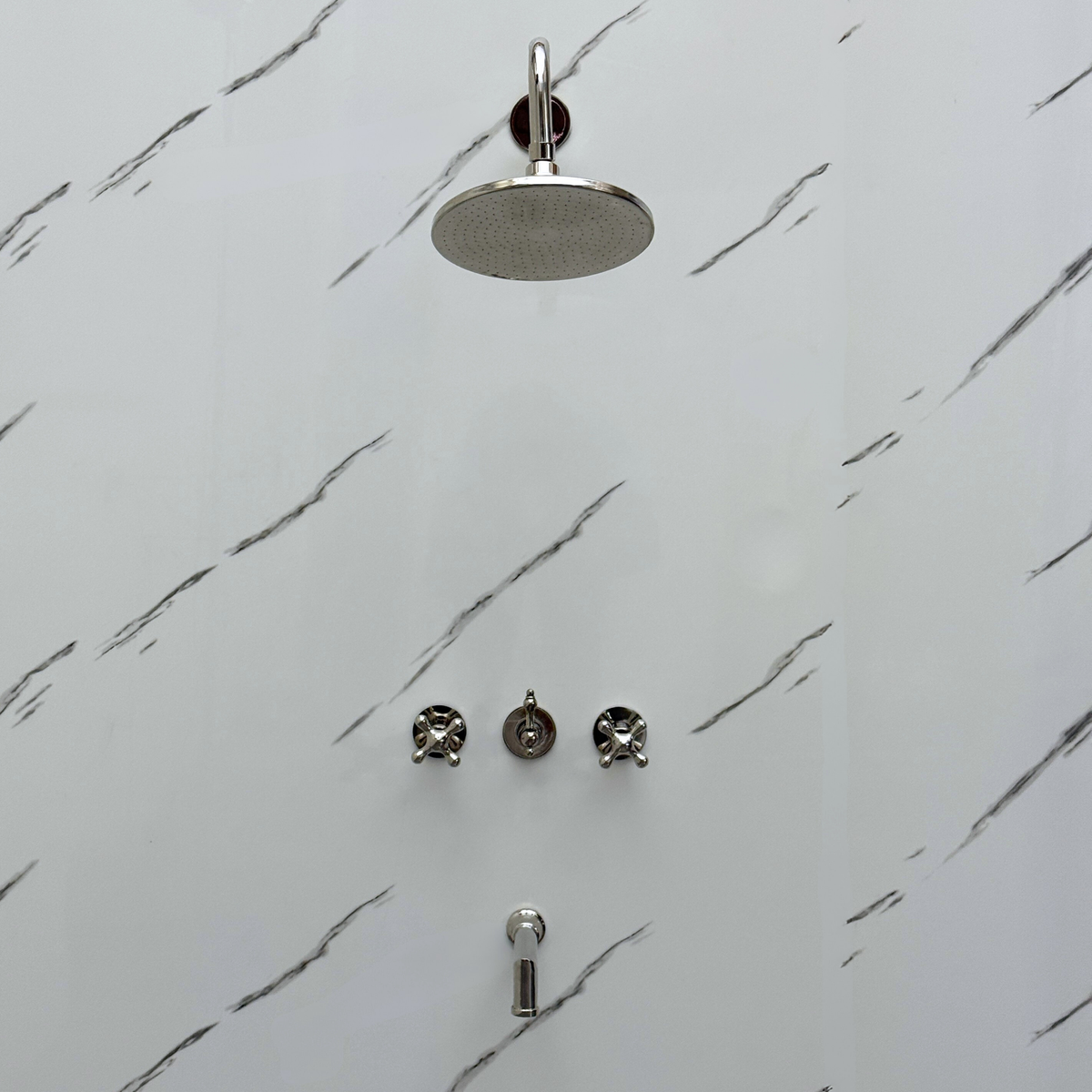 Polished Nickel Adjustable Flat Round Rain Shower System with Tub Filler — Straight arm (PNCSS-018)