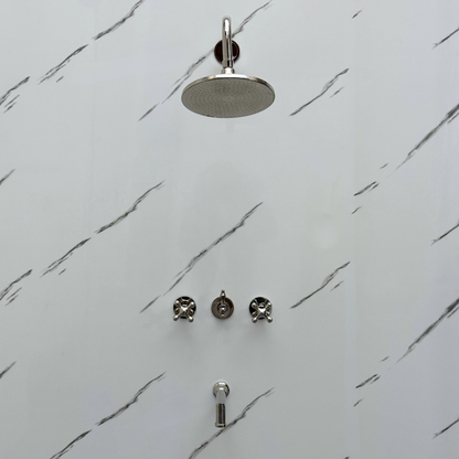 Polished Nickel Adjustable Flat Round Rain Shower System with Tub Filler — Straight arm (PNCSS-018)