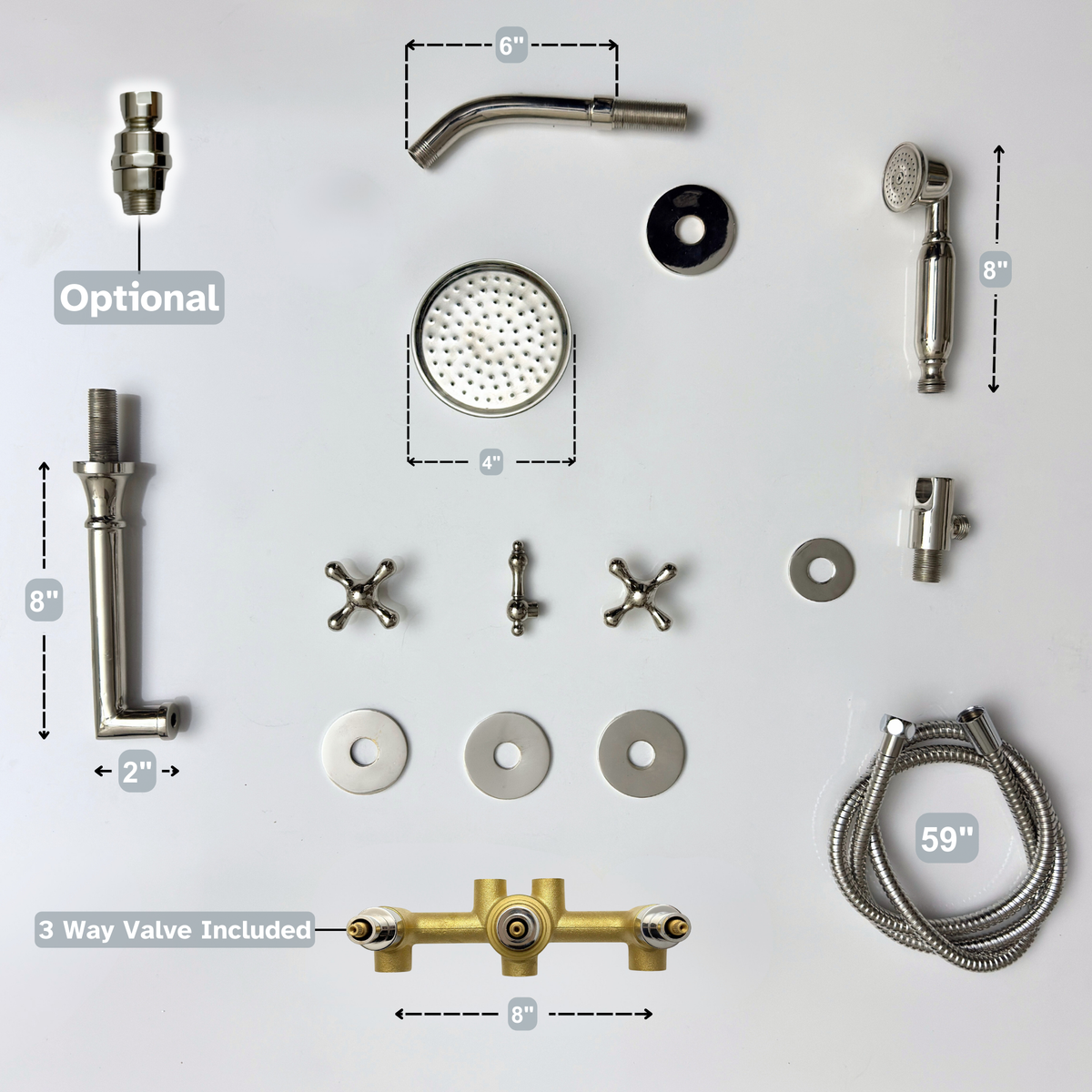 Polished Nickel Adjustable Round Rain Shower System with Handheld & Tub Filler — Short arm (PNCSS-021)