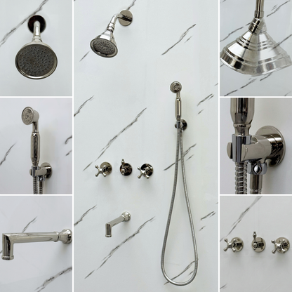 Polished Nickel Adjustable Round Rain Shower System with Handheld & Tub Filler — Short arm (PNCSS-021)