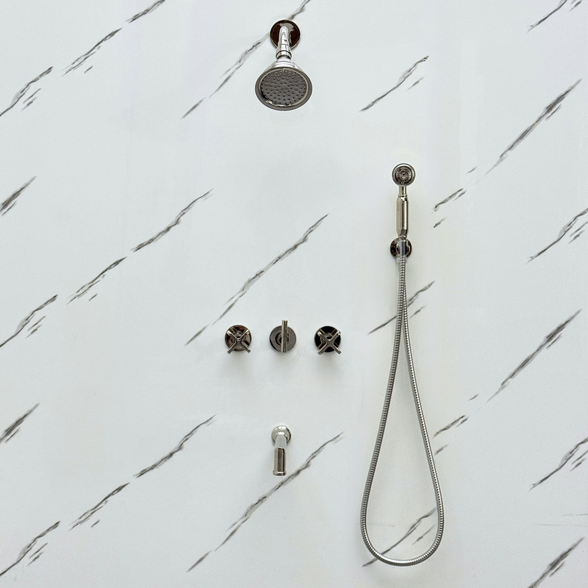 Polished Nickel Adjustable Round Rain Shower System with Handheld & Tub Filler — Short arm (PNCSS-021)