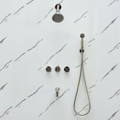 Polished Nickel Adjustable Round Rain Shower System with Handheld & Tub Filler — Short arm (PNCSS-021)
