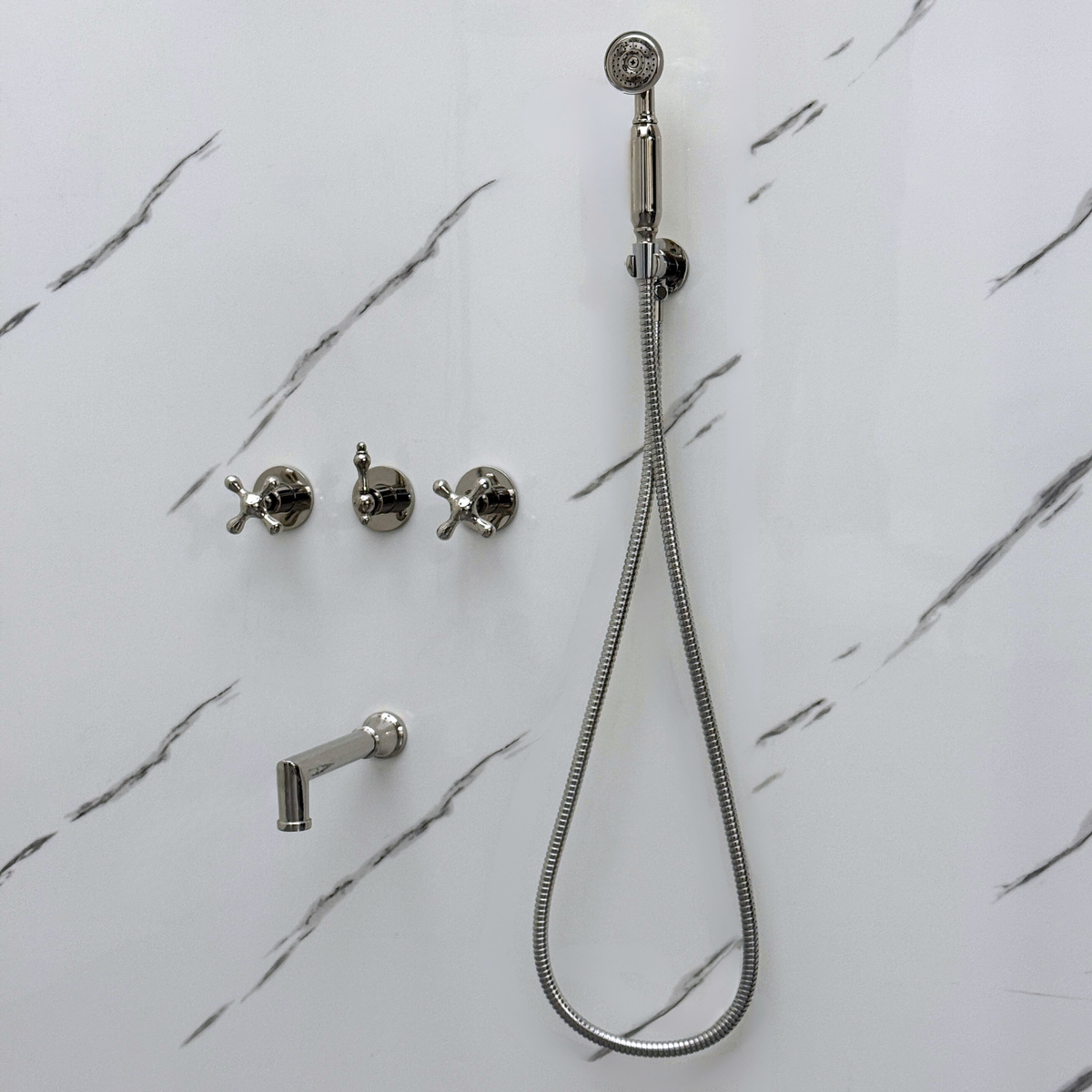 Polished Nickel Adjustable Round Rain Shower System with Handheld & Tub Filler — Short arm (PNCSS-021)