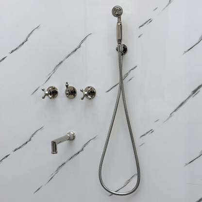 Polished Nickel Adjustable Round Rain Shower System with Handheld & Tub Filler — Short arm (PNCSS-021)