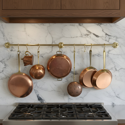 Unlacquered Brass Hanging Pot Rack, Kitchen Hook Rail, Wall Mount Rail with hooks