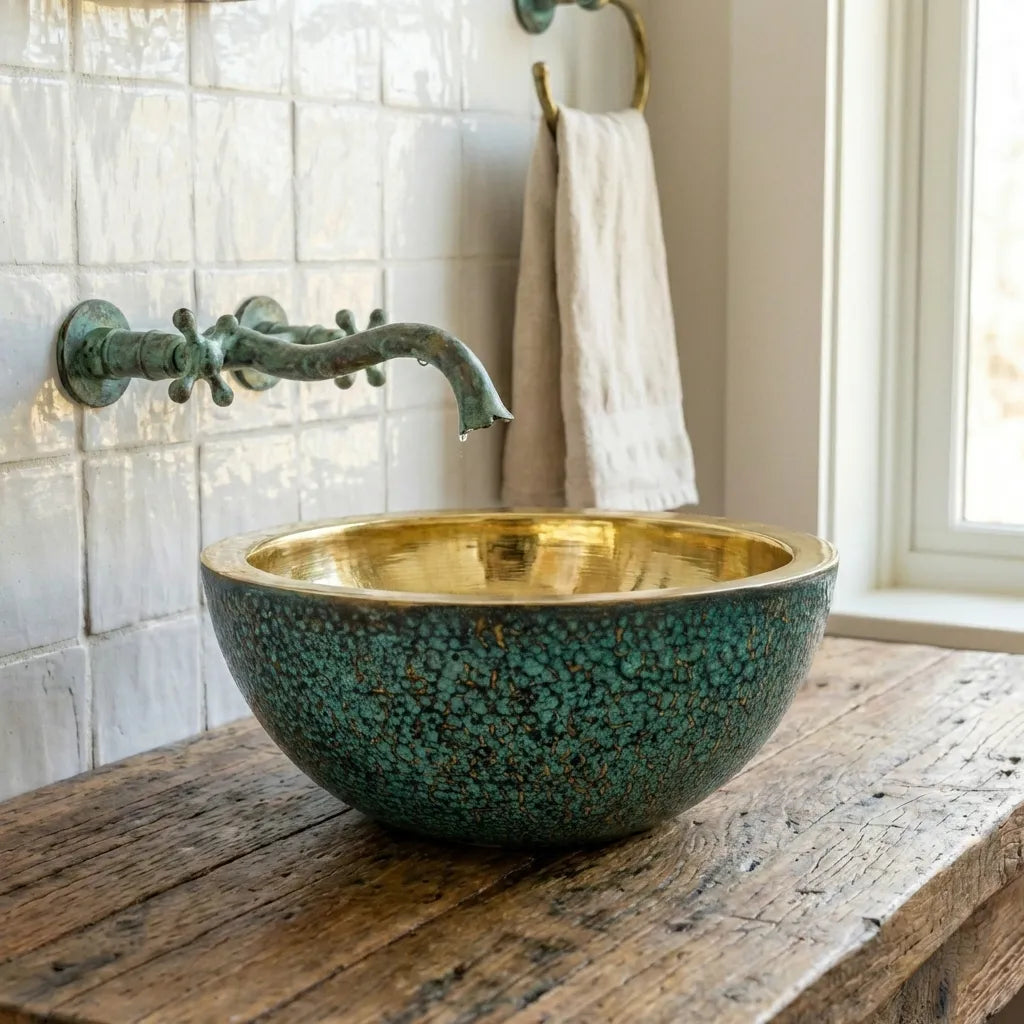 Round Hammered Verdigris Brass Washbasin with Wall-Mount Faucet
