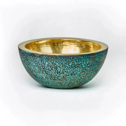 Round Hammered Verdigris Brass Washbasin with Wall-Mount Faucet
