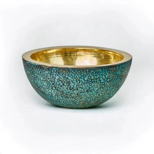 Round Hammered Verdigris Brass Washbasin with Wall-Mount Faucet