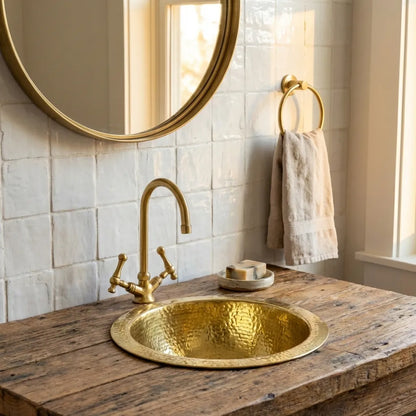 Hammered Unlacquered Brass Round Bar Sink – Solid Brass Prep Sink with Drain