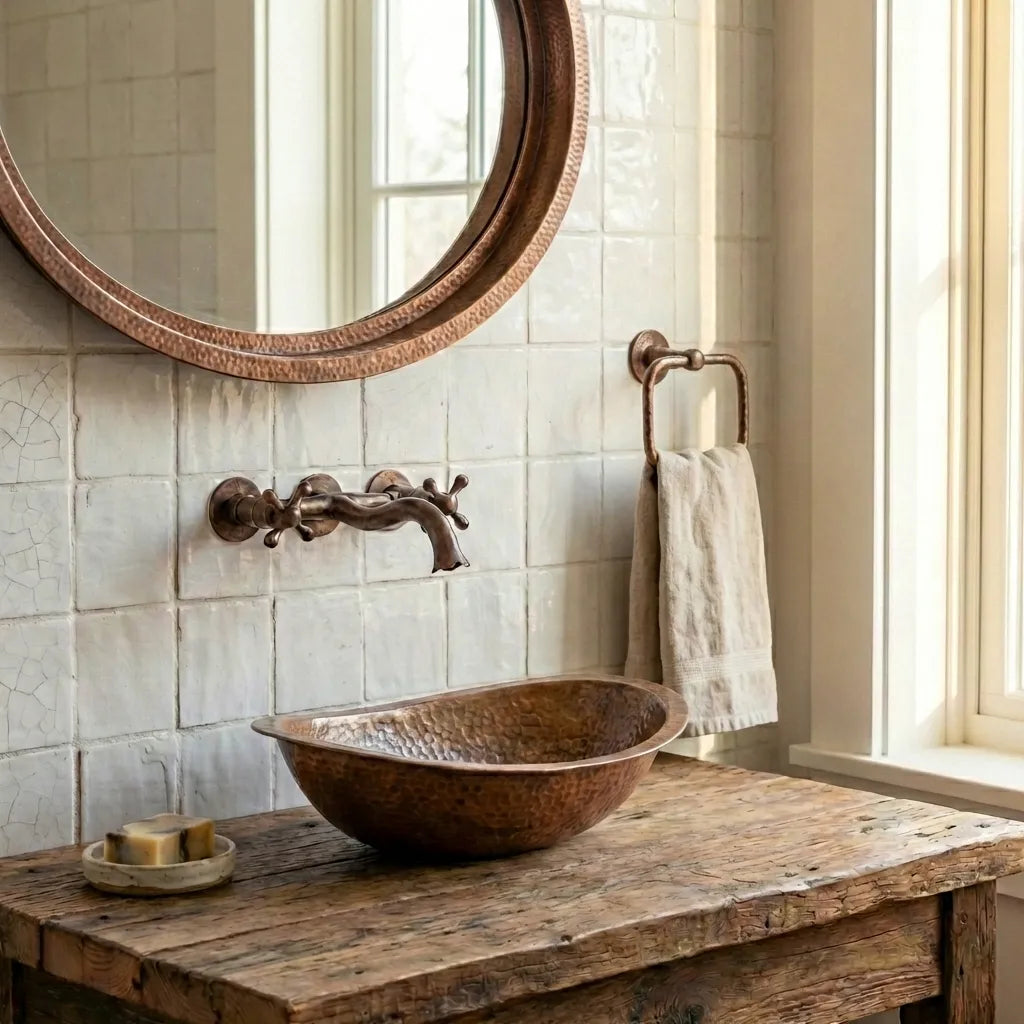 Hand-Hammered Copper Vessel Sink – Rustic Bathroom Washbasin