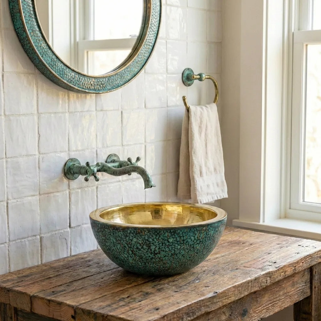 Round Hammered Verdigris Brass Washbasin with Wall-Mount Faucet
