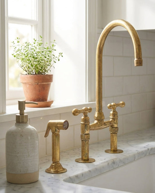 Farmhouse Unlacquered Brass Bridge Faucet with Dual Lever Handles