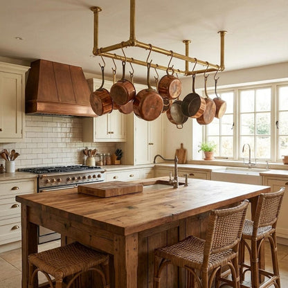 Solid Brass Ceiling Pot Rack – Handmade Hanging Kitchen Rail with Hooks