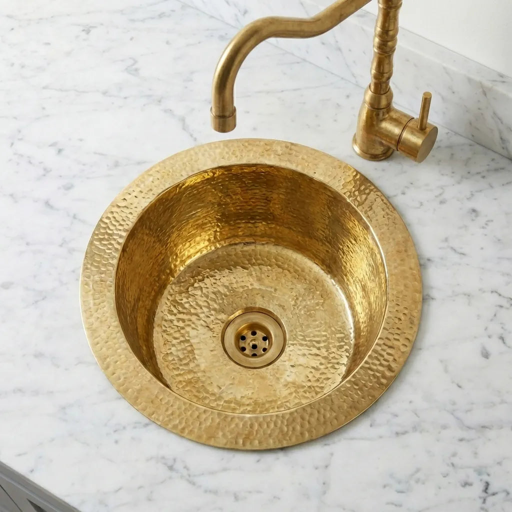 Handmade Hammered Brass Round Sink – Solid Unlacquered Brass Bar Basin
