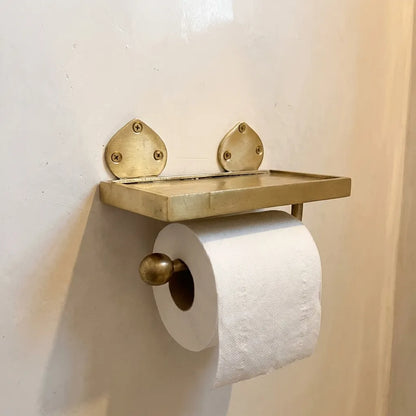 Solid Brass Toilet Paper Holder with Shelf – Handmade Wall Mount Accessory