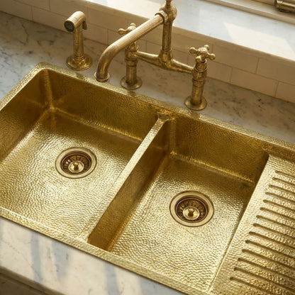 Drop-In Double Bowl Brass Kitchen Sink With Drainboard-Vexa