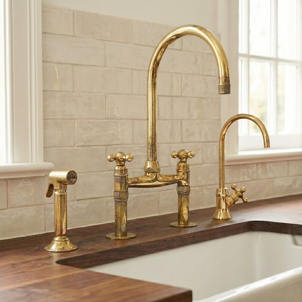 Traditional High-Arc Unlacquered Brass Bridge Kitchen Faucet