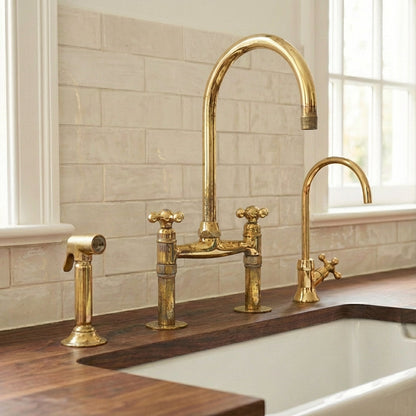 Traditional High-Arc Unlacquered Brass Bridge Kitchen Faucet